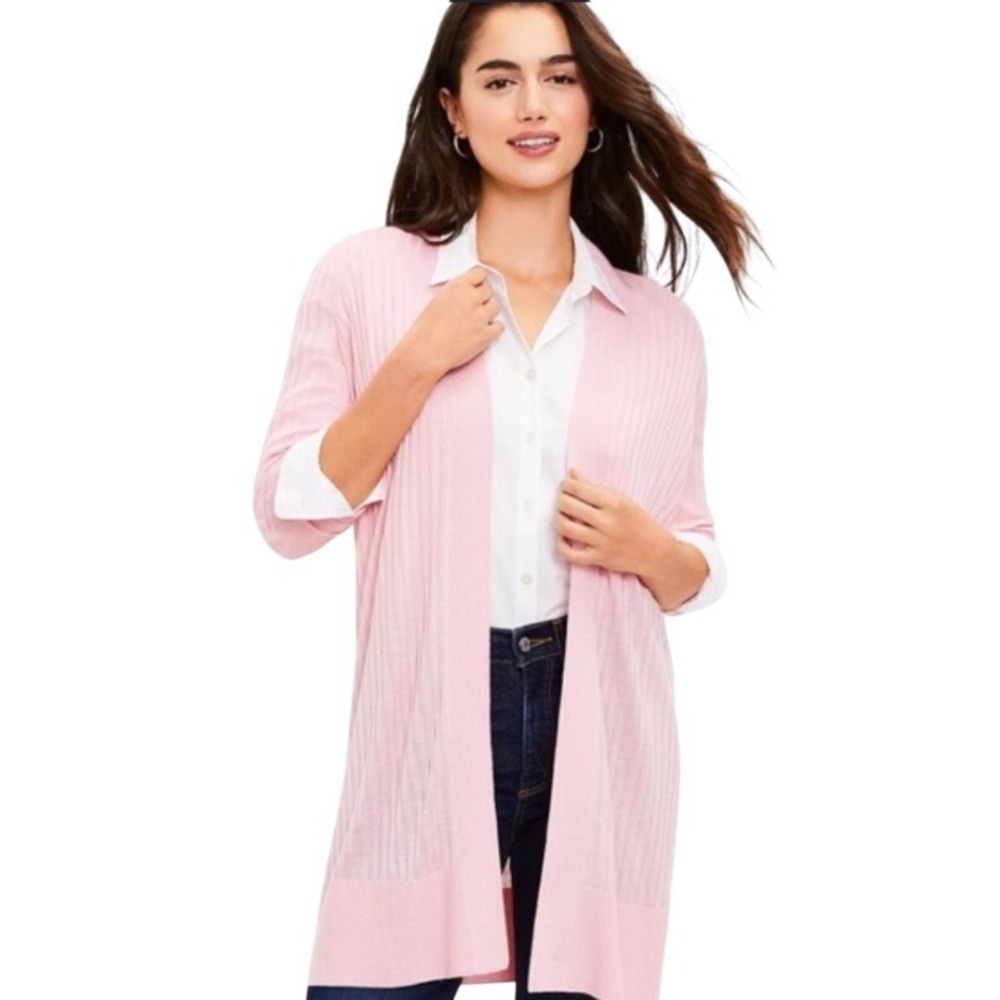 LOFT Cardigan L Pink Ribbed Open Front Duster Longline Sweater Pastel Preppy